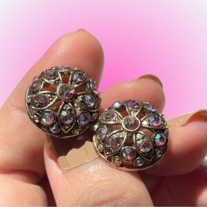 Vintage pink AB crystal & goldtone shade dome post earrings